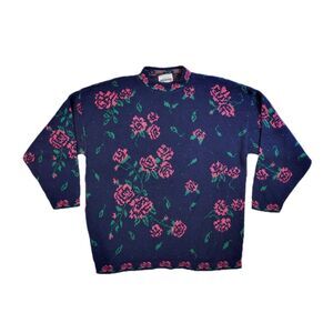 Adele Knitwear Sweater Women's Navy Blue Roses Mock Neck 80s Vtg Retro Large?